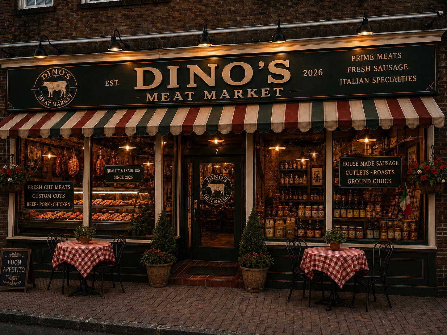 Dino's Meat Market storefront at dusk on Main Street in Chatham, New Jersey, with a striped awning, hanging cured meats in the window, and two cafe tables out front.