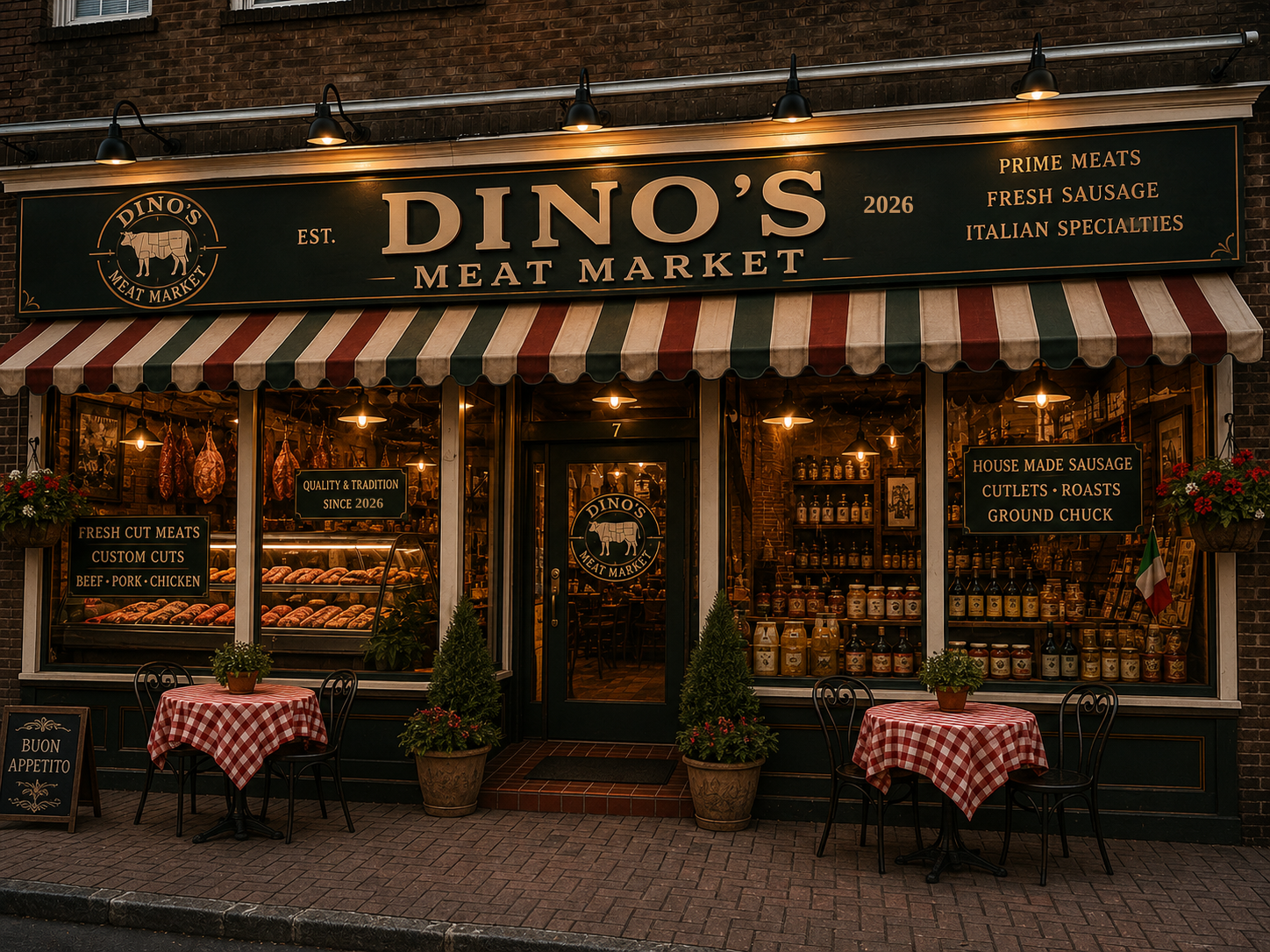 Dino's Meat Market storefront at dusk on Main Street in Chatham, New Jersey, with a striped awning, hanging cured meats in the window, and two cafe tables out front.